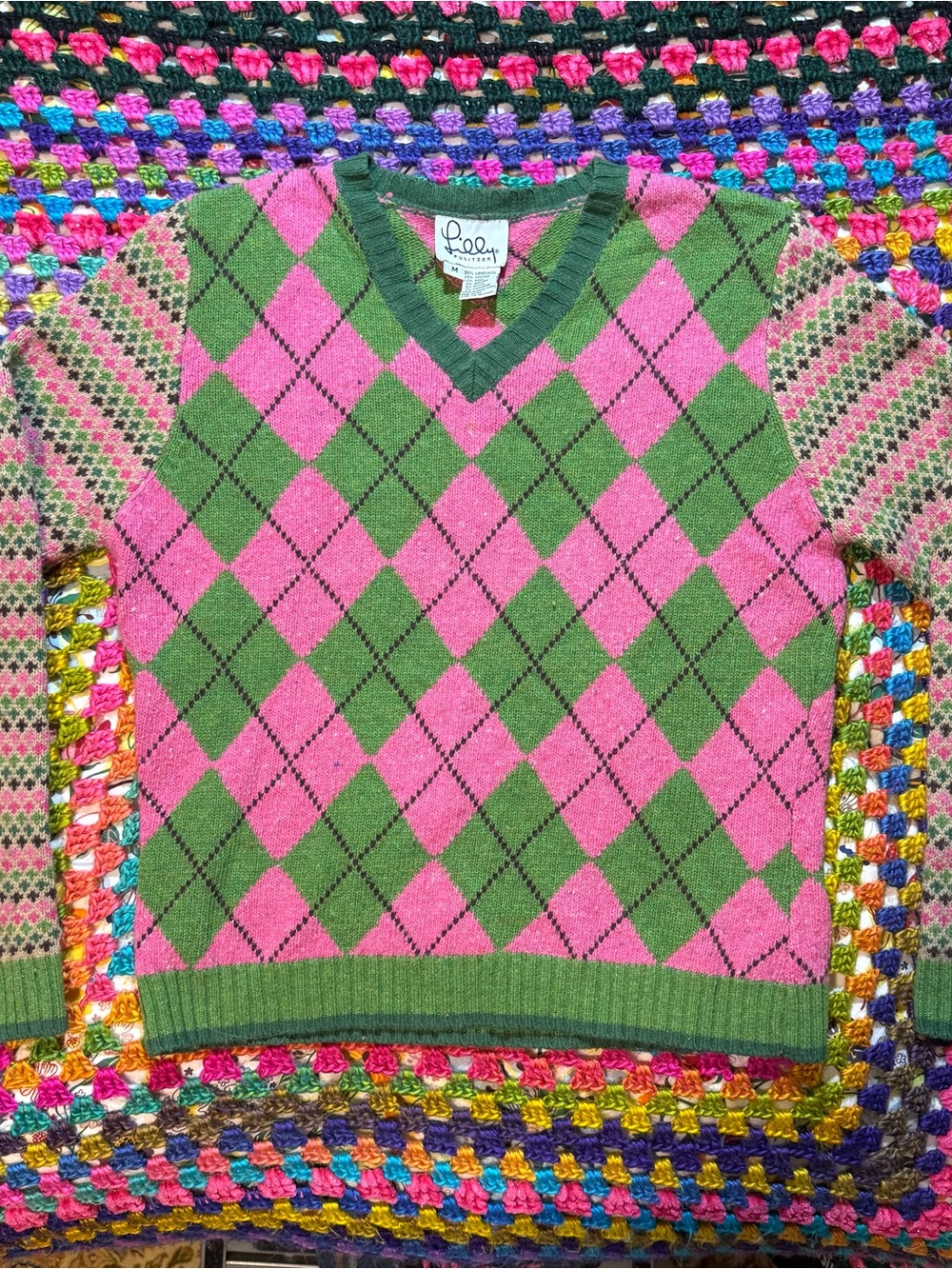 Lilly Pulitzer Pink & Green Argyle V-Neck Pullover